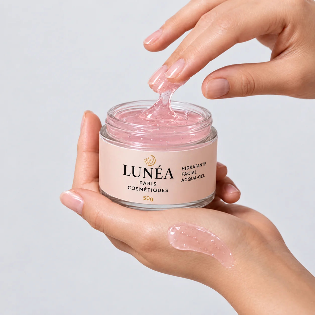 Hidratante Facial LUNÉA Paris Acqua-Gel 50g - textura em gel transparente levemente rosa
