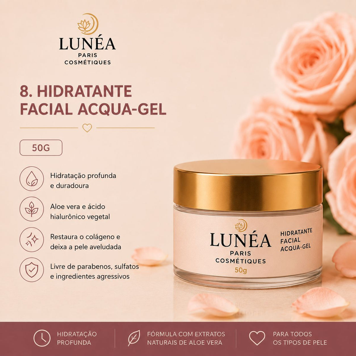 Hidratação profunda sem pesar - pele macia, fresca e radiante desde a primeira aplicação - Hidratante Facial LUNÉA Paris Acqua-Gel 50g