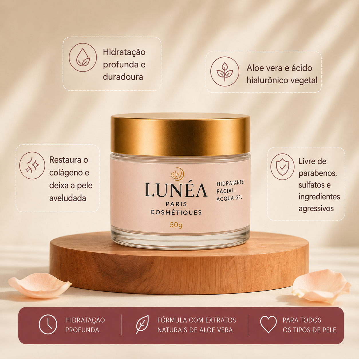 Hidratação profunda sem pesar - pele macia, fresca e radiante desde a primeira aplicação - Hidratante Facial LUNÉA Paris Acqua-Gel 50g