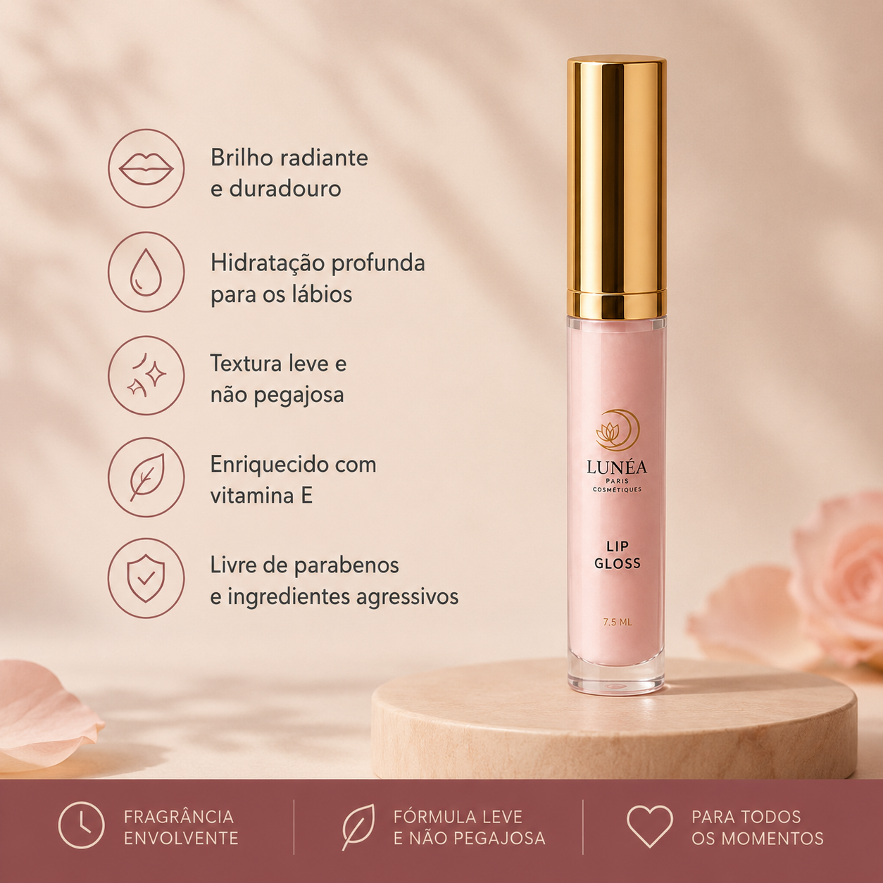 LIP Gloss Labial Hidratante LUNÉA Paris 7.5ml – Brilho Intenso e Toque Suave